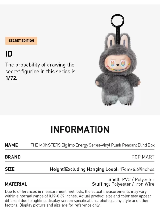 Boîte aveugle de pendentif en peluche en vinyle de la série Big Into Energy des MONSTRES Boîte aveugle de pendentif en peluche en vinyle de la série Big Into Energy des MONSTRES